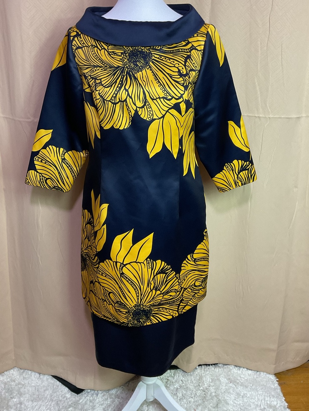 Ashro Navy Blue With Yellow Floral Print Vintage Dress